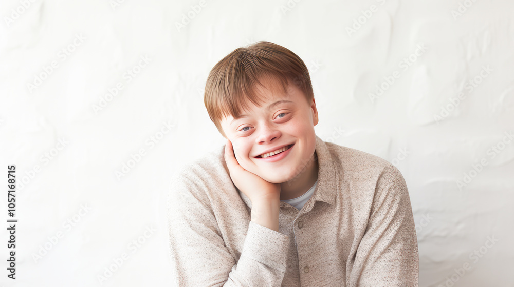 Portrait of smiling laughing teenager guy with Down syndrome white background.