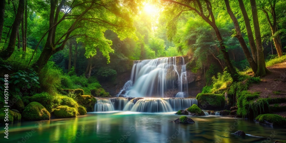 Serene Waterfall in a Framed Forest Landscape - Low Light Photography Serene Waterfall in a Framed Forest Landscape - Low Light Photography
