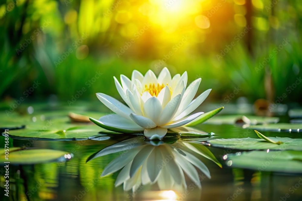 Serene White Water Lily Floating on Still Water with Lush Green Leaves for Tranquil Nature Scene Serene White Water Lily Floating on Still Water with Lush Green Leaves for Tranquil Nature Scene