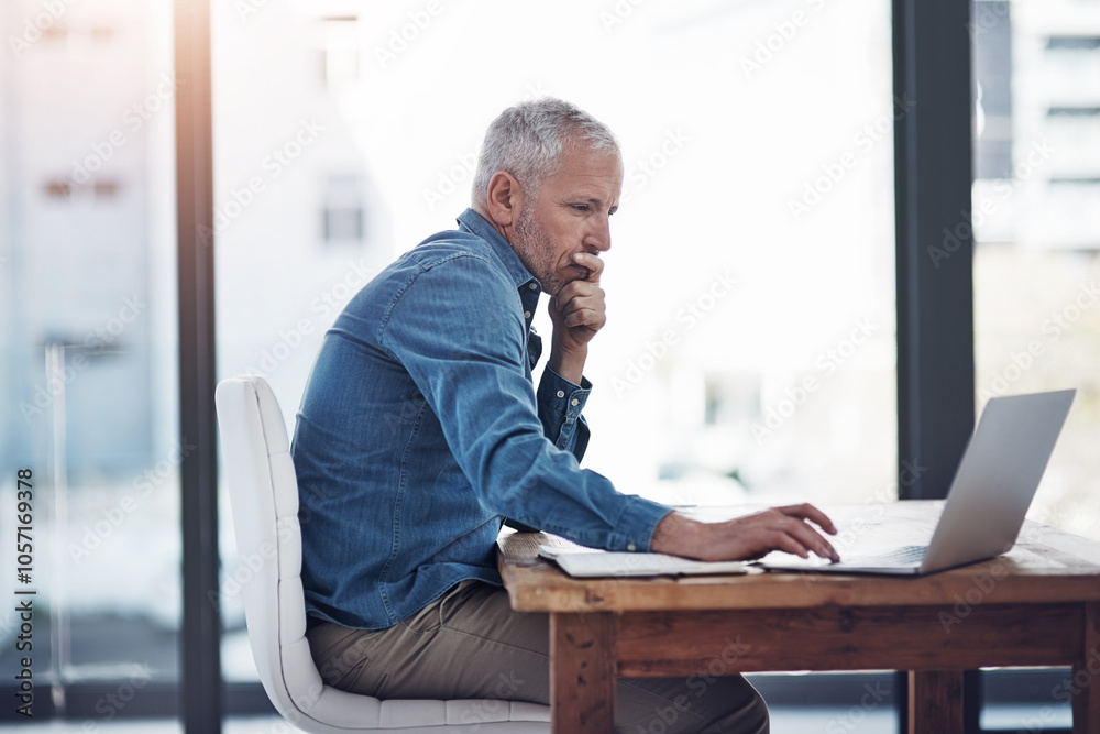Mature man, office and thinking with laptop for research information, update and reading business news. Company, financial advisor and scroll on tech for investment, budget report or portfolio review Mature man, office and thinking with laptop for research information, update and reading business news. Company, financial advisor and scroll on tech for investment, budget report or portfolio review