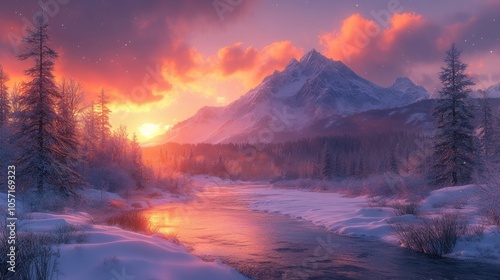 A snow-covered valley with a river winding through it, a snowy mountain peak in the distance, and a vibrant sunset casting orange and purple hues across the sky.