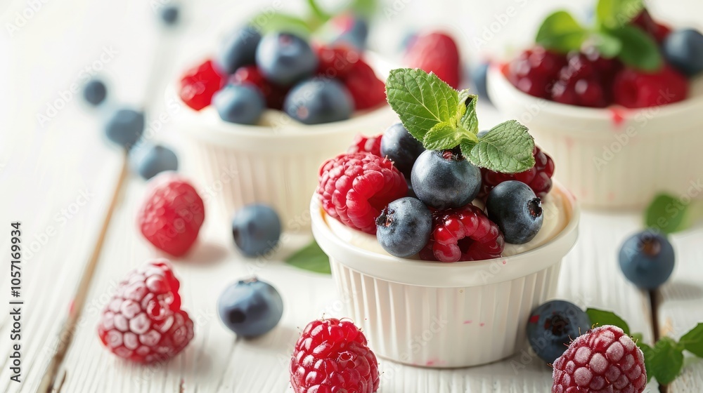 Vanilla dessert cups topped with summer berries on white wooden background Vanilla dessert cups topped with summer berries on white wooden background