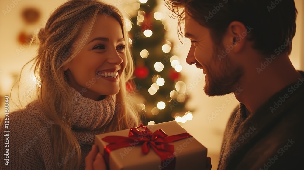 couple Man and woman are standing in front of a Christmas tree with gift boxes. Winter holiday panorama banner couple Man and woman are standing in front of a Christmas tree with gift boxes. Winter holiday panorama banner