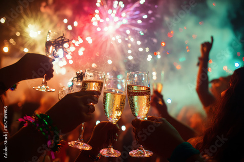 People toasting and celebrating with glasses of champagne with bight fireworks in the background