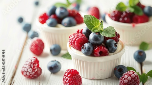 Vanilla dessert cups topped with summer berries on white wooden background