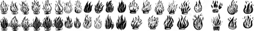 Detailed hand drawn flame. Vintage sketch of devil's fire engraving. Retro silhouette of bonfire. Black and white fireplace icons. Modern blaze stencils.