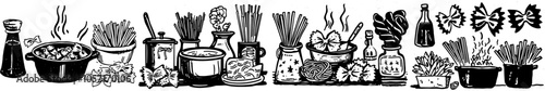 Hand drawn pasta recipe. The process of cooking spaghetti with boiling water and adding sauce to it. Traditional Italian food. Types of dough. Modern hand drawn pasta and noodles.