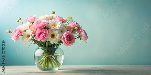 Wallpaper Mural A Delicate Bouquet of Pastel Pink and White Blooms in a Clear Glass Vase on a Rustic Wood Tabletop Against a Soft Aqua Background Torontodigital.ca