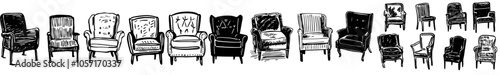 An armchair collection. A cozy armchair for relaxation. A decorative element for interior decoration. A comfortable seat with bright upholstery and armrests. Modern hand drawn furnishing set.