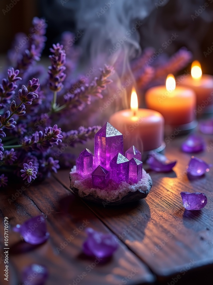 Enchanting lavender crystals and candles creating a soothing ambiance Enchanting lavender crystals and candles creating a soothing ambiance