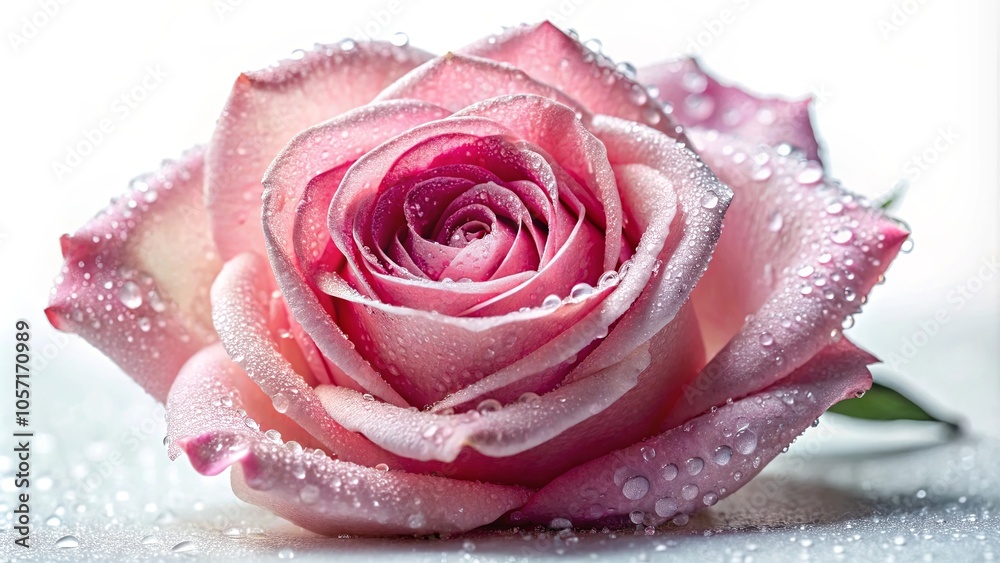 A single pink rose, delicately adorned with dew drops, rests on a pristine surface, showcasing the beauty of nature's simple elegance. A single pink rose, delicately adorned with dew drops, rests on a pristine surface, showcasing the beauty of nature's simple elegance.