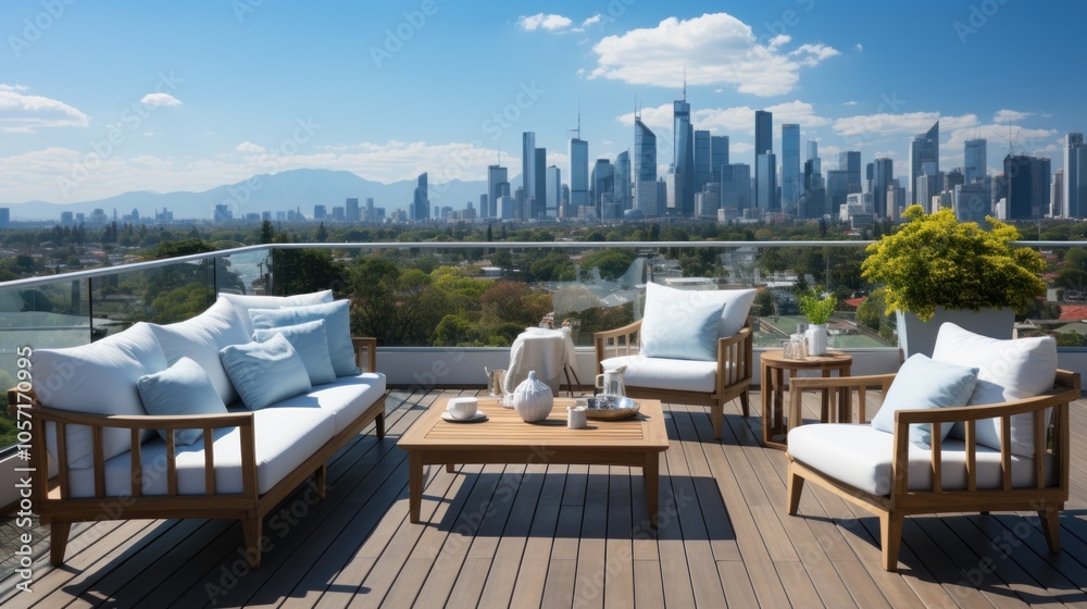 Fototapeta premium A stylish outdoor lounge area with city skyline views, perfect for relaxation and socializing.