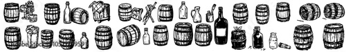 Various hand drawn brewery or winery containers. Old rum barrel. Vintage keg. Old wine barrel. Storage of alcoholic drinks. Isolated winemaker tanks.