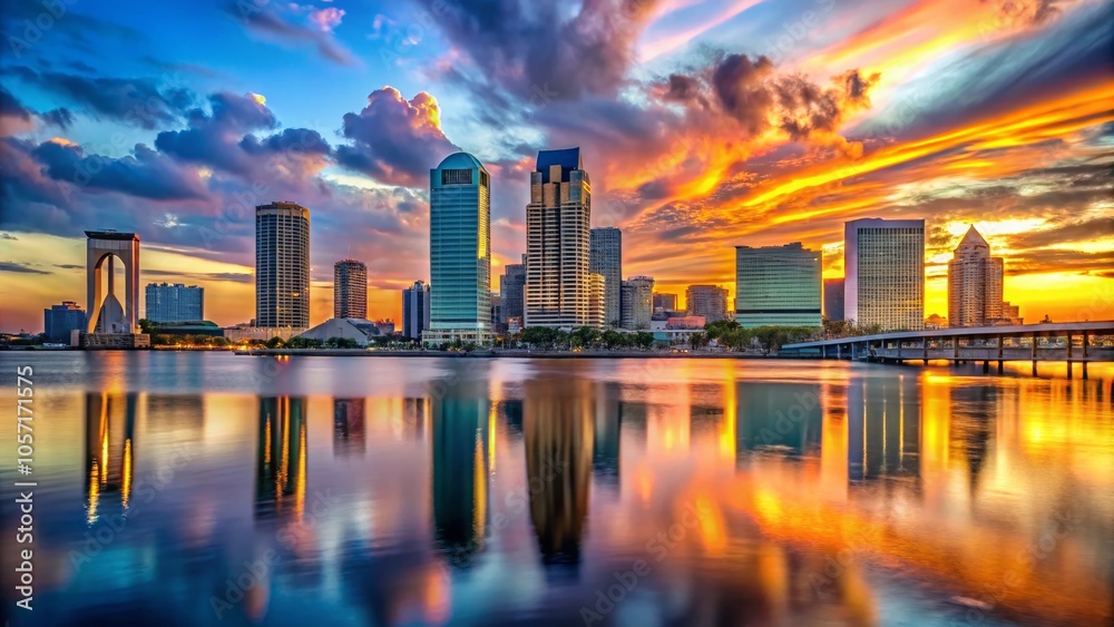 Fototapeta premium Skyline of Jacksonville, Florida at Sunset - Vibrant Cityscape with River and Iconic Architecture
