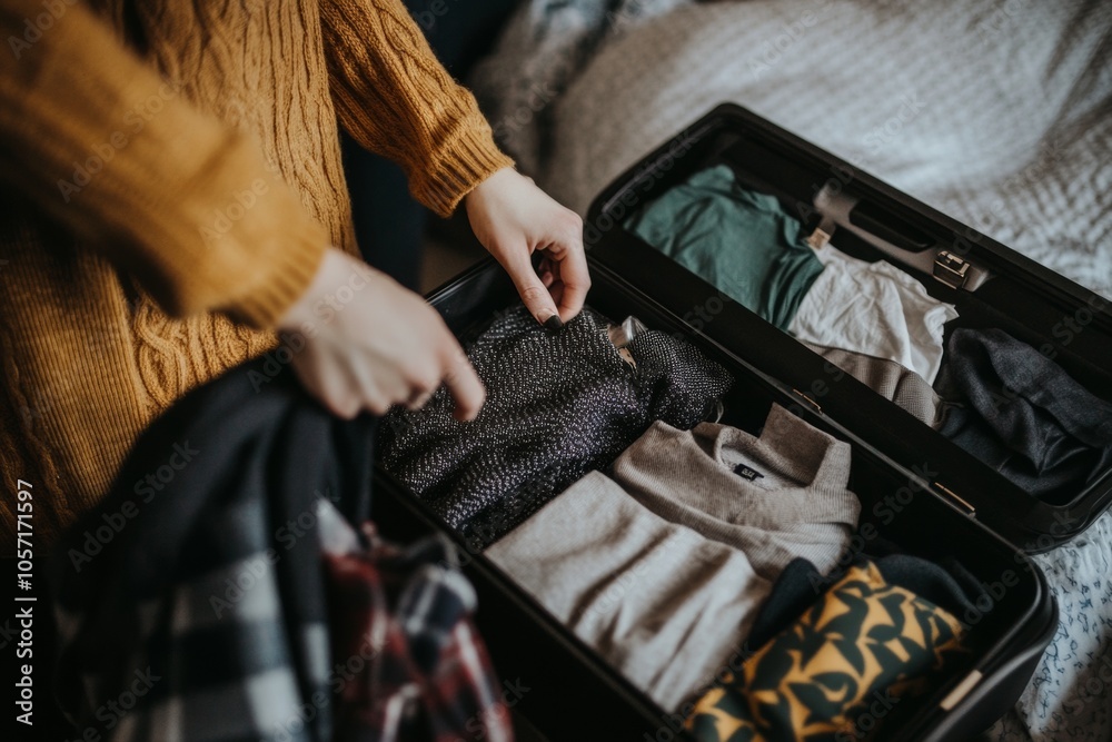 Obraz premium A person organizes a suitcase on the bed, carefully folding clothes and preparing for a weekend trip. The cozy atmosphere suggests a relaxed start to the journey