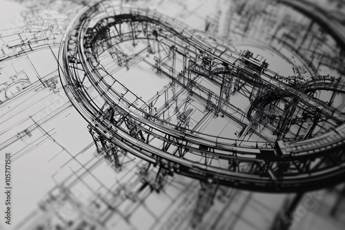 A detailed architectural blueprint of a roller coaster with intricate loops and tracks in black lines on a white background creating a complex structure
