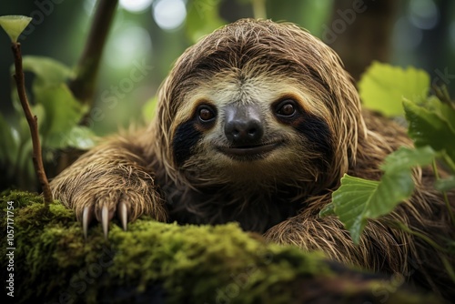 A close-up of a sloth resting among lush green foliage, showcasing its friendly expression.