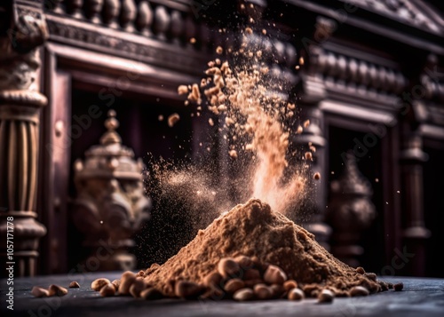 Slow Motion Ginger Powder Falling in Elegant Architectural Setting for Culinary Art Photography photo