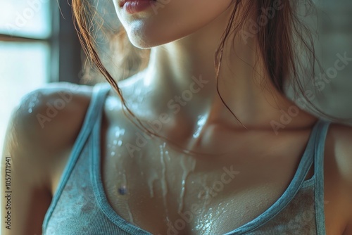 Bad smelling, deodorant asian young woman smell stink, breathing nose smelly on shirt dirty stinky laundry, disgusting from clothes after washed, smelly armpit underarm, skin body, Generative AI