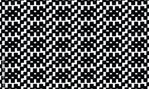 seamless pattern with digital pixelated squares, inspired by retro video games and nostalgic arcade themes. The design incorporates black and white tones, using vector illustration techniques
