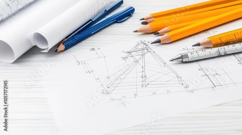 An intricate architectural blueprint with drafting tools, captured at eye level to highlight details of construction and design