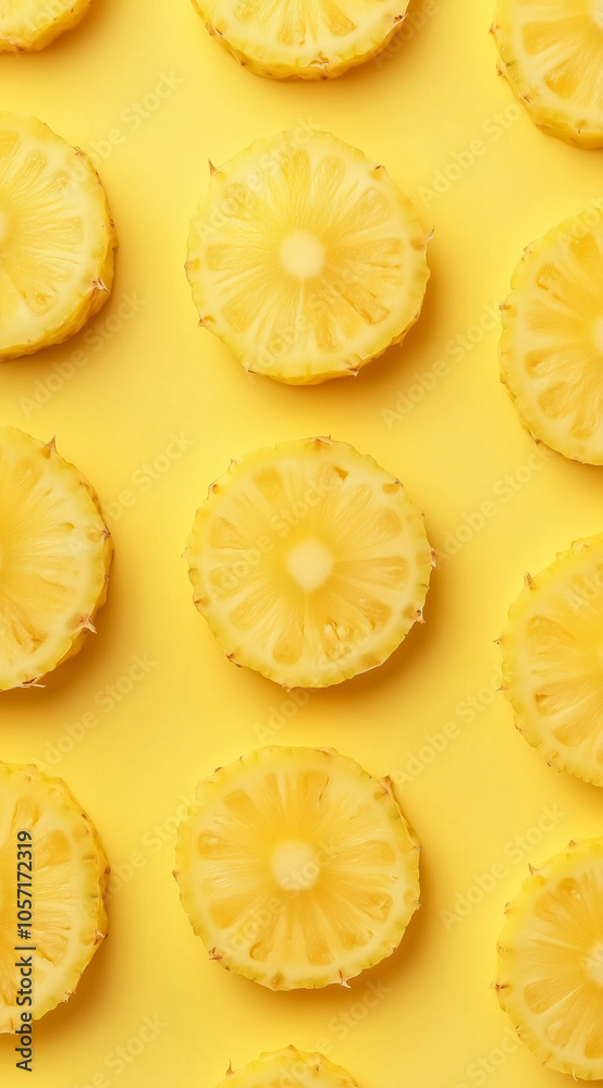 Refreshing overhead view of vibrant pineapple slices on a bright yellow background, showcasing the juicy and tropical essence of this delicious fruit, perfect for summer themes. Refreshing overhead view of vibrant pineapple slices on a bright yellow background, showcasing the juicy and tropical essence of this delicious fruit, perfect for summer themes.