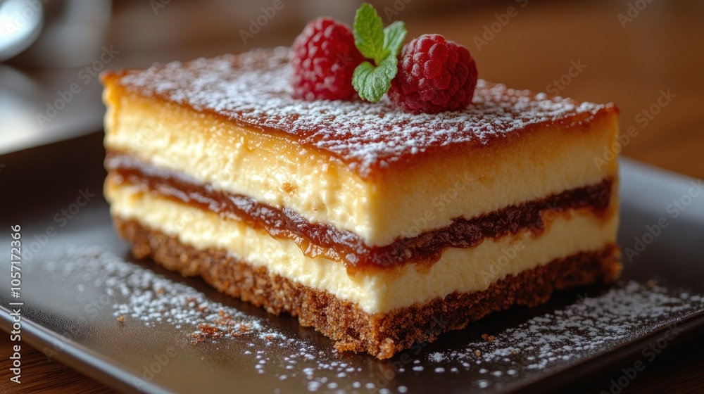 A delicious layered dessert topped with raspberries and mint. A delicious layered dessert topped with raspberries and mint.