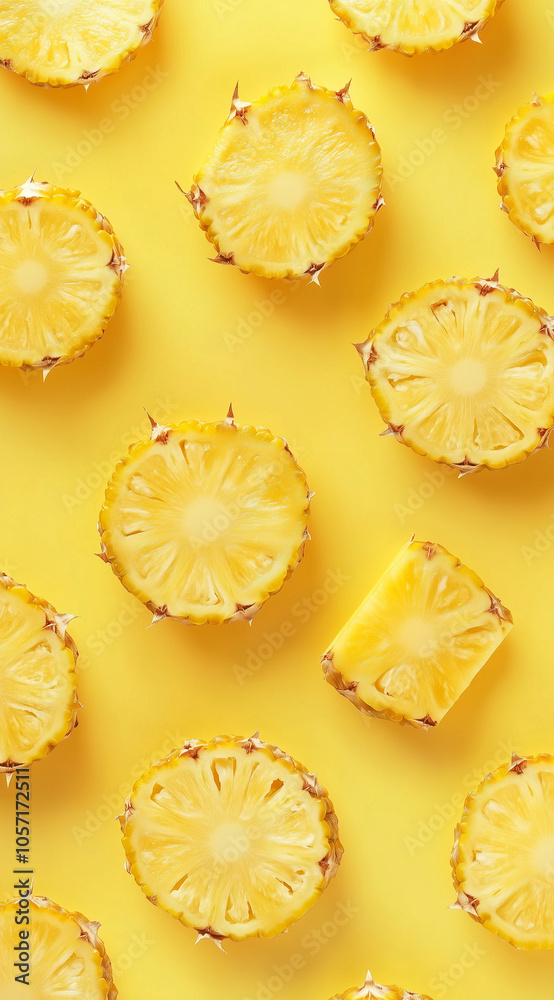 Refreshing overhead view of vibrant pineapple slices on a bright yellow background, showcasing the juicy and tropical essence of this delicious fruit, perfect for summer themes.