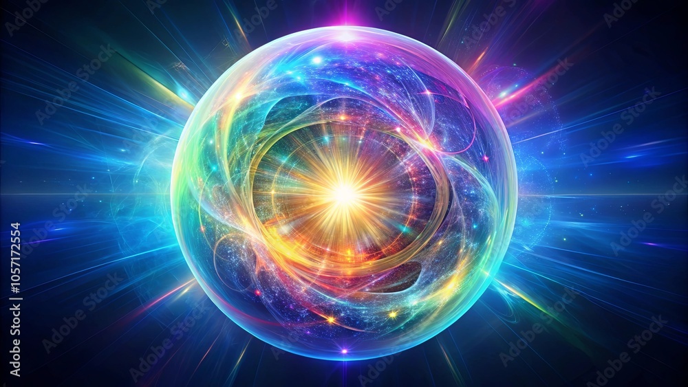 Obraz premium A luminous sphere pulsates with vibrant energy, showcasing a kaleidoscope of swirling colors and ethereal lights, representing the boundless possibilities of the cosmos.