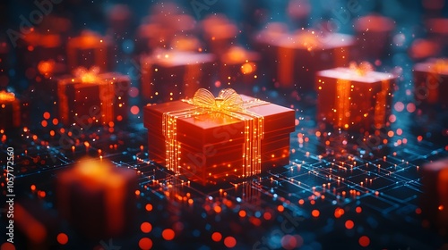 Red Gift Box with Golden Bow on Digital Circuit Board   Futuristic Christmas Concept