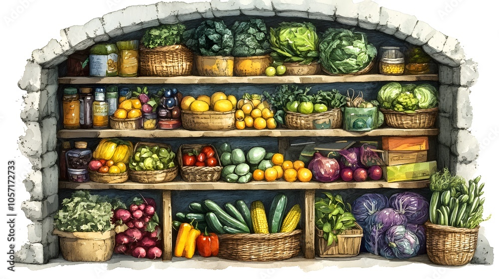 custom made wallpaper toronto digitalRustic Stone Pantry Shelf with Fresh Fruits Vegetables