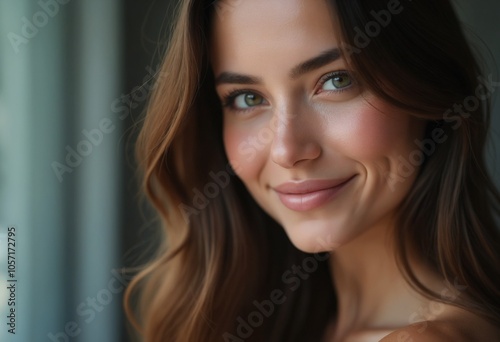 Woman with long brown hair is smiling and looking at the camera. Concept of confidence and beauty