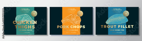 Beef Steak, Chicken Thighs, Trout Fillet Vector Packaging Label Design Templates Set. Product Banner, Hand Drawn Meat, Fish and Poultry Sketches. Food Background Layout with Gold Foil Isolated
