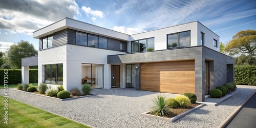 Modern home with a wood garage door and a gravel driveway, surrounded by lush greenery