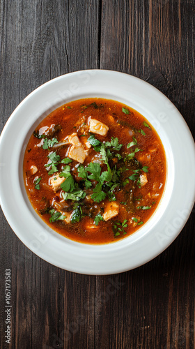 Spicy tomato soup with tofu and cilantro is served in a white bowl on a dark wooden table