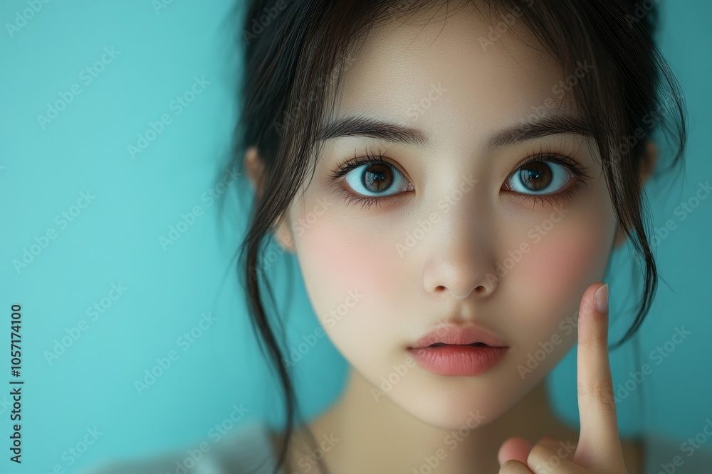 lack of sleep problem, Worried Asian young woman pointing finger at dark circles under her eyes, Generative AI lack of sleep problem, Worried Asian young woman pointing finger at dark circles under her eyes, Generative AI