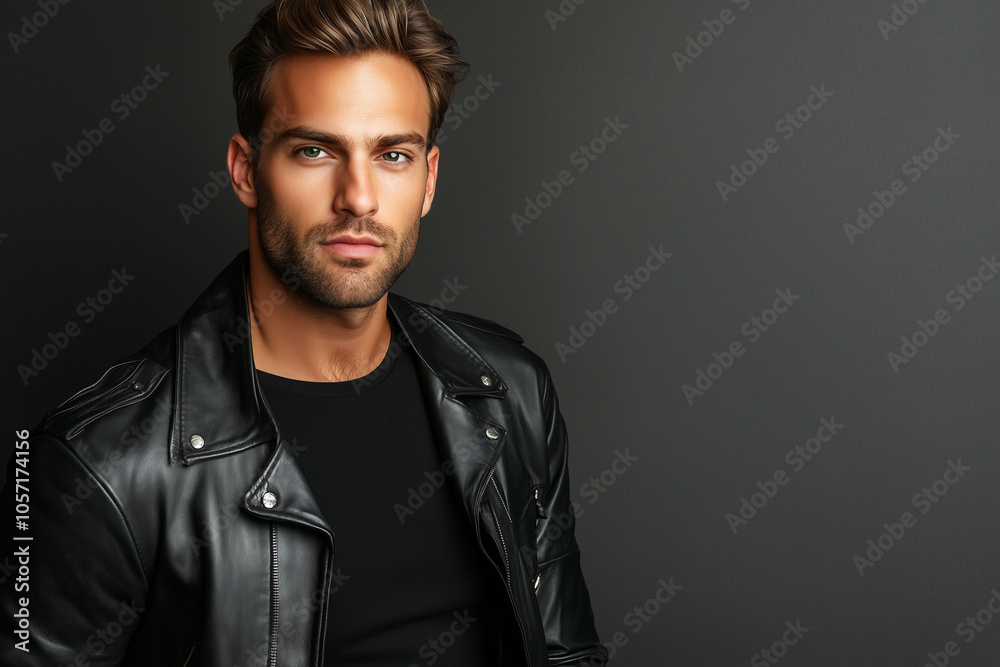 Fototapeta premium Confident man in leather jacket against dark backdrop