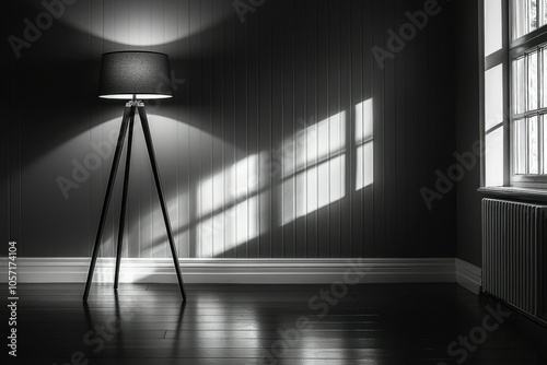 Black Tripod Floor Lamp with Black Shade in Dark Room with Window Light