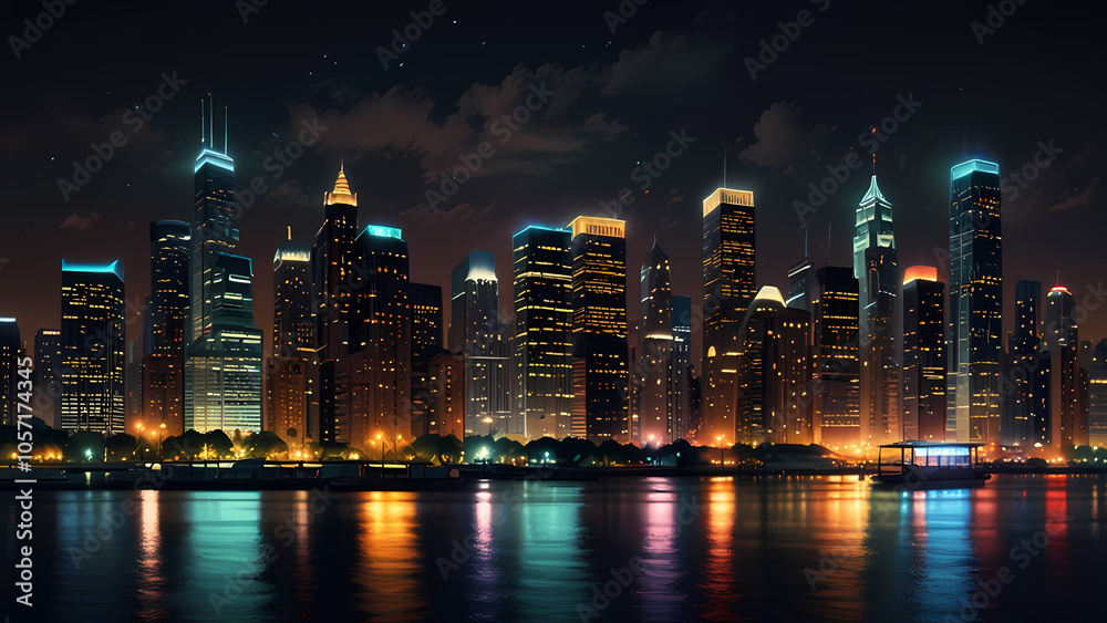 Obraz premium Lively cityscape at night illuminated by city lights