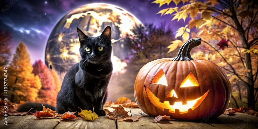 Spooky Halloween Background with Pumpkin and Cat for Fall Celebrations