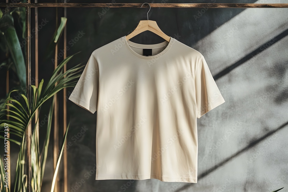 Blank Beige T Shirt Mockup on Hanger with Sunlight and Green Plants Blank Beige T Shirt Mockup on Hanger with Sunlight and Green Plants