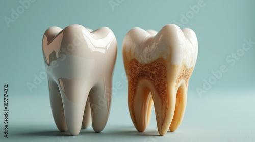 Split Molar Tooth Image Showing Bright White Clean Half and Dull Yellowish Plaque-Covered Half