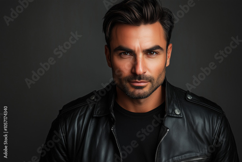 Serious man in leather jacket posing against dark wall