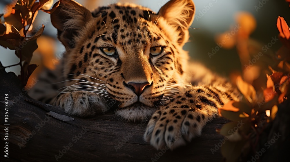 Obraz premium A close-up of a leopard resting on a branch, surrounded by autumn leaves in soft lighting.
