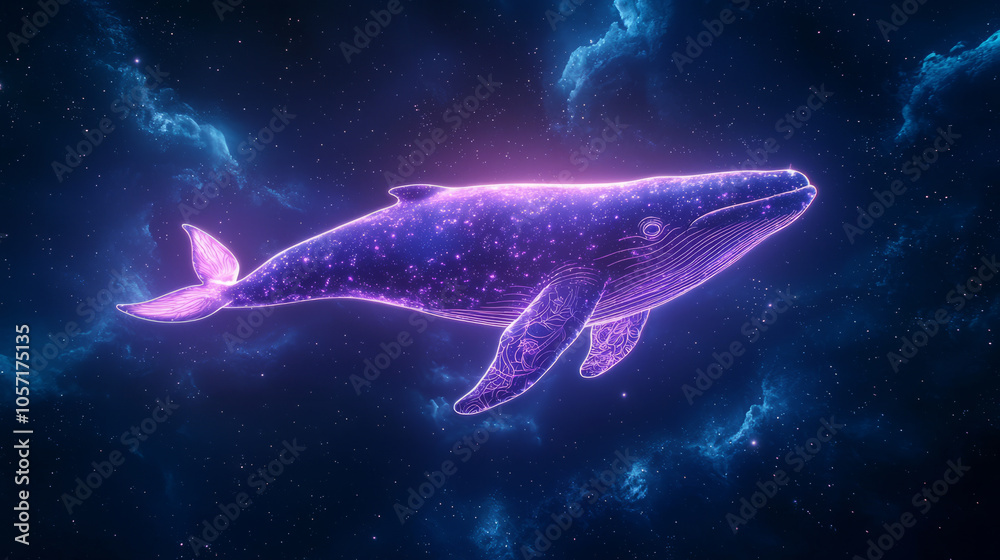vibrant whale with glowing tattoos swimming through cosmic ocean, surrounded by stars and nebulae, evokes sense of wonder and beauty in universe vibrant whale with glowing tattoos swimming through cosmic ocean, surrounded by stars and nebulae, evokes sense of wonder and beauty in universe