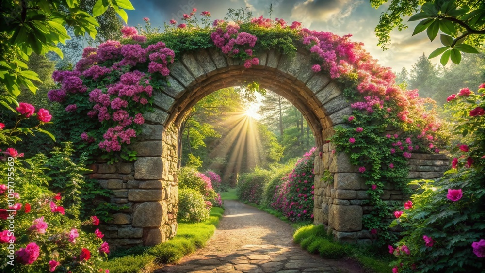 Fototapeta premium Stone Archway Adorned with Pink Flowers in a Lush Green Forest - Panoramic Photography