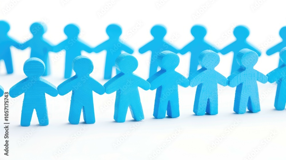 A row of blue paper cutouts linked together, symbolizing unity, community, and collaboration among people. A row of blue paper cutouts linked together, symbolizing unity, community, and collaboration among people.