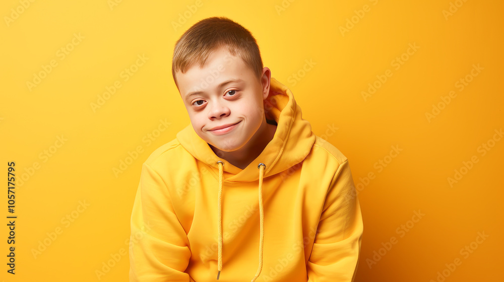 Portrait of smiling laughing teenager guy with Down syndrome yellow background. Portrait of smiling laughing teenager guy with Down syndrome yellow background.
