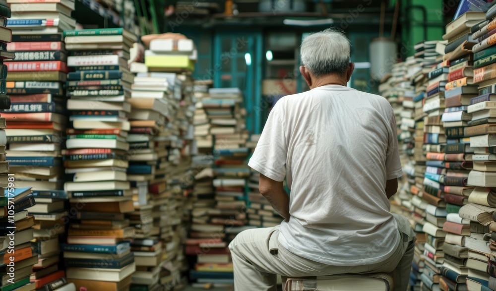 A lone figure sits amidst towering stacks of books, creating a serene atmosphere of knowledge and solitude in a cluttered library environment. A lone figure sits amidst towering stacks of books, creating a serene atmosphere of knowledge and solitude in a cluttered library environment.
