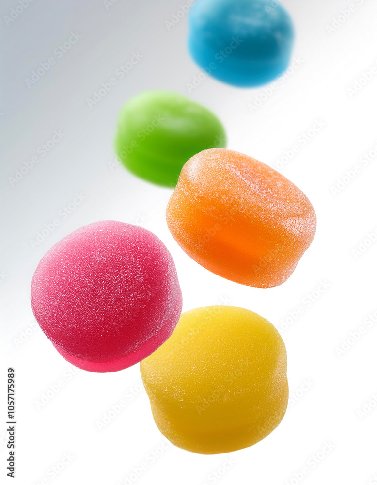 sugar coated gummy candies floating or flying isolated white background sugar coated gummy candies floating or flying isolated white background